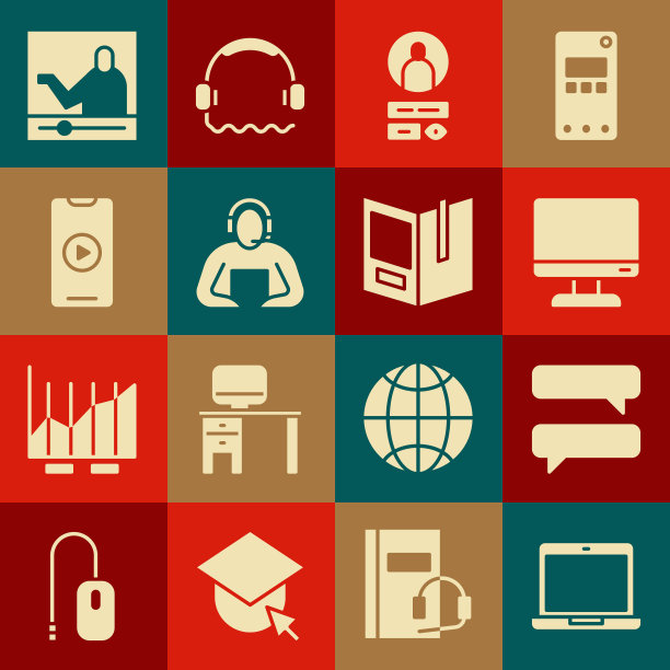 设置笔记本电脑，语音聊天，电脑显示器屏幕，创建帐户，学生，在线播放视频，教育和打开书籍图标。向量图片下载