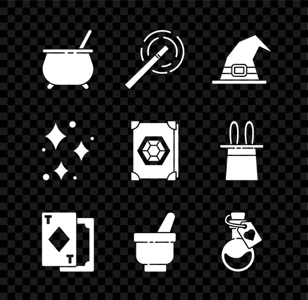设置女巫坩埚，魔术棒，帽子，扑克牌，研钵杵，瓶子与爱情药水，闪烁的星星魔法闪光和古书图标。向量图片下载