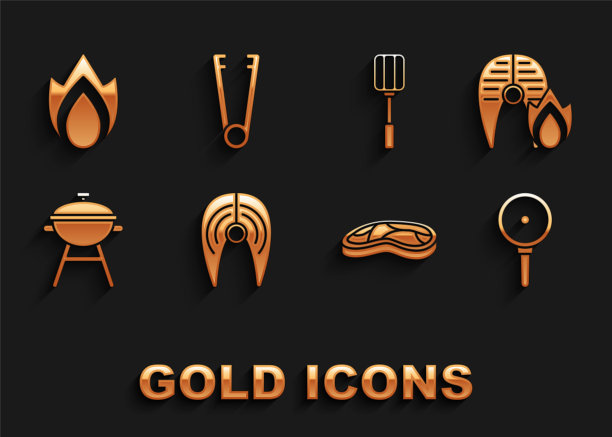 设置鱼排，烤鱼和火火焰，煎锅，牛排肉，烧烤烧烤，铲，火和肉钳图标。向量图片下载