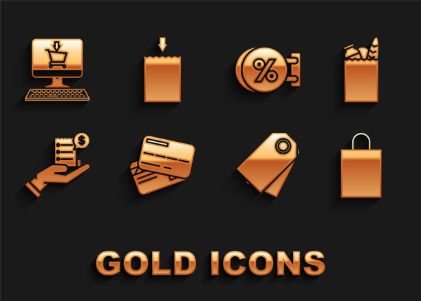 设置信用卡，人手持空白收据或账单支付，招牌挂题字折扣百分比，购物车屏幕电脑和图标。向量图片下载