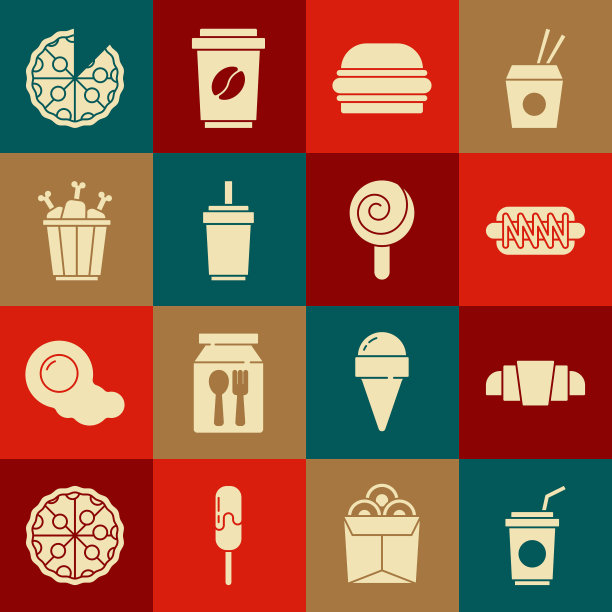 设置纸玻璃吸管，牛角面包，热狗三明治，汉堡，鸡腿在包装盒，披萨和棒棒糖图标。向量图片下载