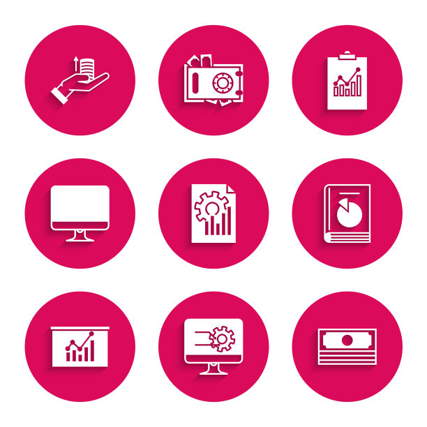 设置文件与图表，计算机显示器，堆栈纸钱现金，用户手册，板，屏幕，剪贴板和钱手图标。向量图片下载