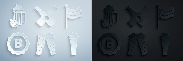 杯装啤酒，德国国旗，瓶盖上题字，瓶身交叉，啤酒花图标。向量图片下载