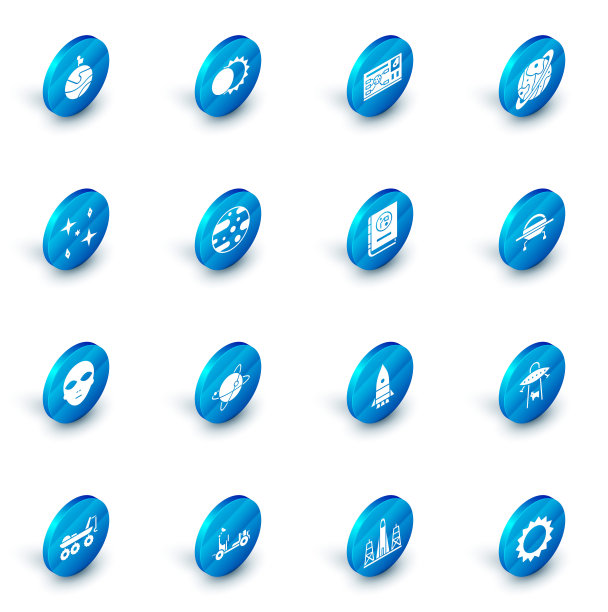 设置日食，未来hud界面，行星土星，陨星，外星人，火星，UFO飞行飞船和书的天文学图标。向量图片下载