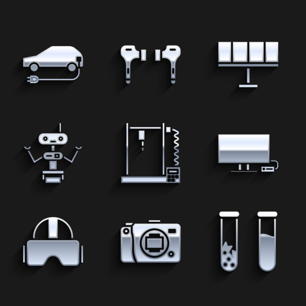 可设置3D打印机、无反光镜相机、试管和烧瓶、智能电视、虚拟现实眼镜、机器人、太阳能电池板和电动汽车图标。向量图片下载