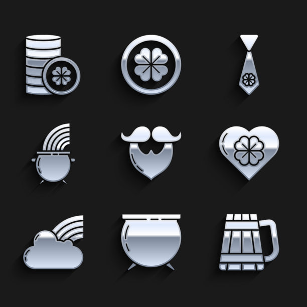 设置胡子和胡子，女巫坩埚，木制啤酒杯，心脏四叶三叶草，彩虹云，彩虹，领带和金币图标。向量图片下载