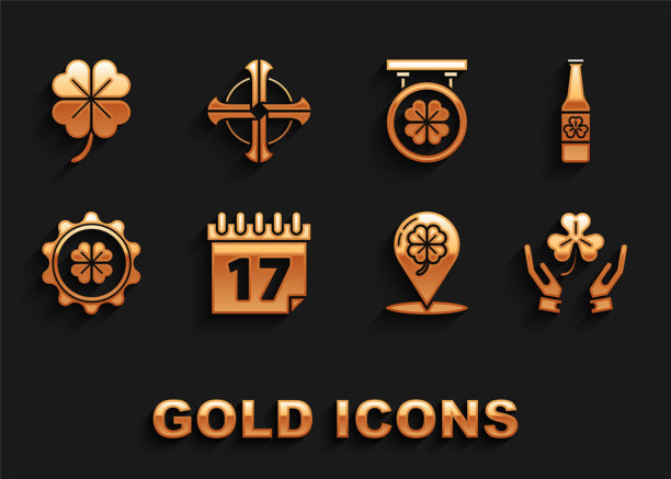 设置圣帕特里克节日历，啤酒瓶四叶三叶草，人的手握，位置，瓶盖，街道招牌，四和凯尔特十字图标。向量图片下载