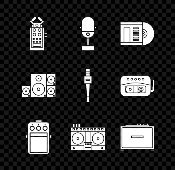 设置麦克风，黑胶唱片，吉他踏板，DJ遥控器播放和混合音乐，放大器，立体声扬声器和图标。向量图片下载
