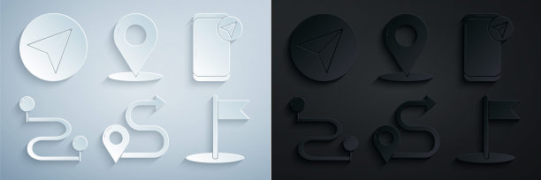 设置路线位置、城市地图导航信息图、旗帜、地图引脚和纸飞机图标。向量图片下载