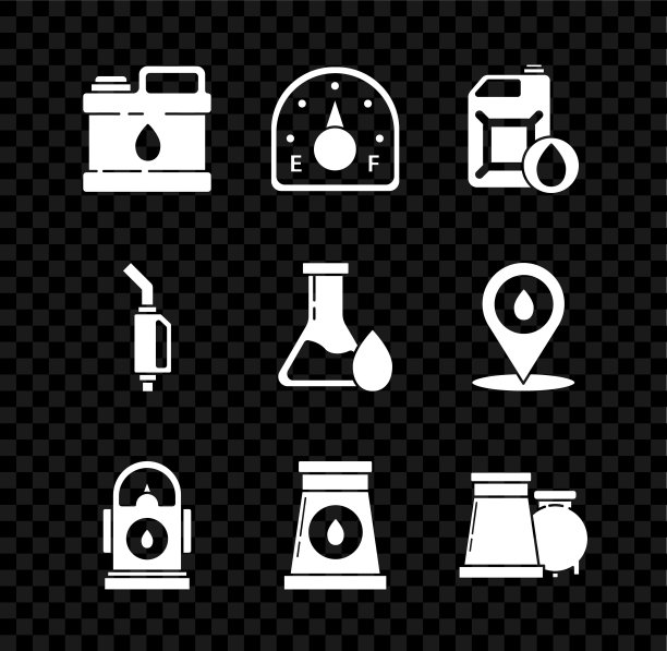 设置汽机机油罐，汽机气体表，汽油加油站，石油和工业厂房，汽油泵喷嘴和汽油试管图标。向量图片下载