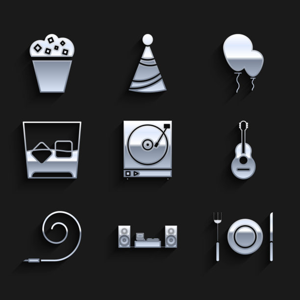 Set Vinyl player with a Vinyl disc, Home stereo two speakers, Plate, fork and knife, Guitar, Birthday party horn, Glass of whiskey cubes, Balloons ribbon and Popcorn cardboard box图标。向量图片下载