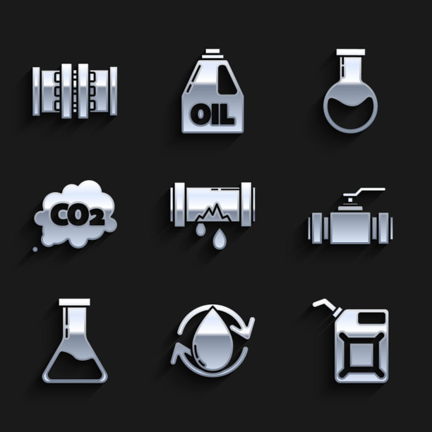 破碎的漏水金属管道，油滴，汽油罐，工业金属管道和阀门，试管烧瓶，二氧化碳排放云，图标。向量图片下载