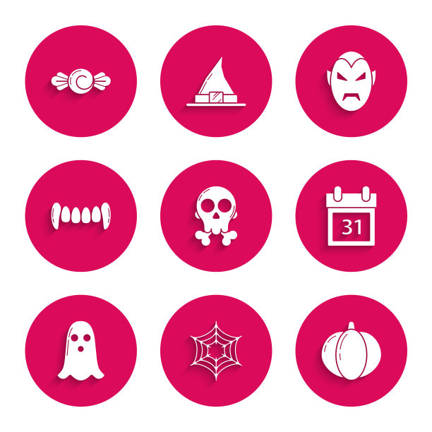 设置骷髅交叉骨，蜘蛛网，南瓜，日历与万圣节日期10月31日，幽灵，吸血鬼牙齿，和糖果图标。向量图片下载