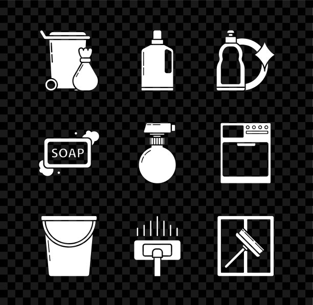 设置垃圾桶，装洗碗液的塑料瓶，水桶，吸尘器，刮板，刮水器，肥皂和图标。向量图片下载