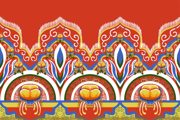 黄色，蓝色，桔红色上的花。几何民族东方图案传统设计背景，地毯，壁纸，服装，包装，蜡染，织物，矢量插图刺绣风格图片下载