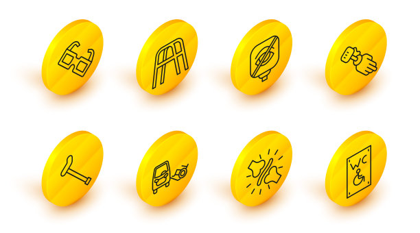 残疾人专用厕所、关节痛、膝关节痛、残疾人车、拐杖、假肢、盲人、助行器、眼镜图标。向量图片下载