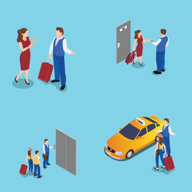 游客在酒店图标设置等距3d图片下载