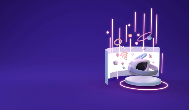 三维渲染超视界VR眼镜与讲台曲线屏幕和霓虹灯背景概念未来技术游戏虚拟现实平台。3D渲染插图卡通风格。图片下载