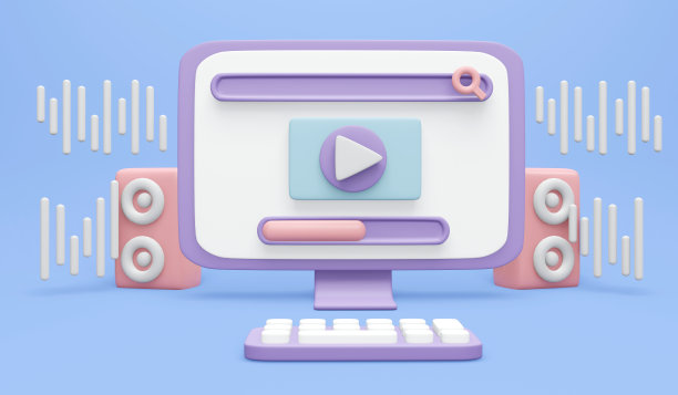 3D渲染的电脑桌面屏幕与搜索栏播放按钮加载图标和扬声器与声音图标的背景概念上的互联网音乐。3D渲染插图卡通风格。图片下载