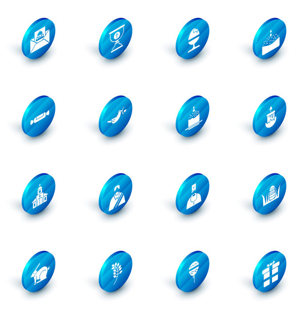 基督教圣餐杯，鸡蛋，复活节蛋糕蜡烛，糖果，教堂建筑，和平鸽子与橄榄枝，燃烧和图标。向量图片下载