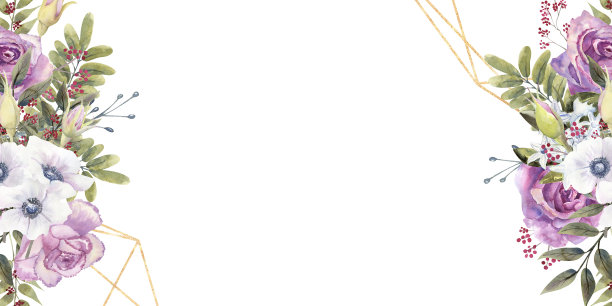几何花框架紫色的玫瑰和银莲花在一个玻璃花瓶上的白色孤立的背景。手绘水彩插图图片下载