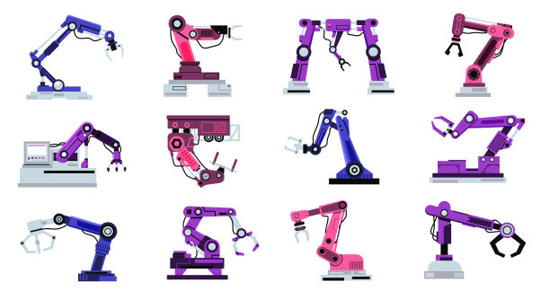 机械手臂。工厂和制造机器。工业及生产流水线工具。电子自动的手。机械工程设备。矢量输送机械手设置图片下载