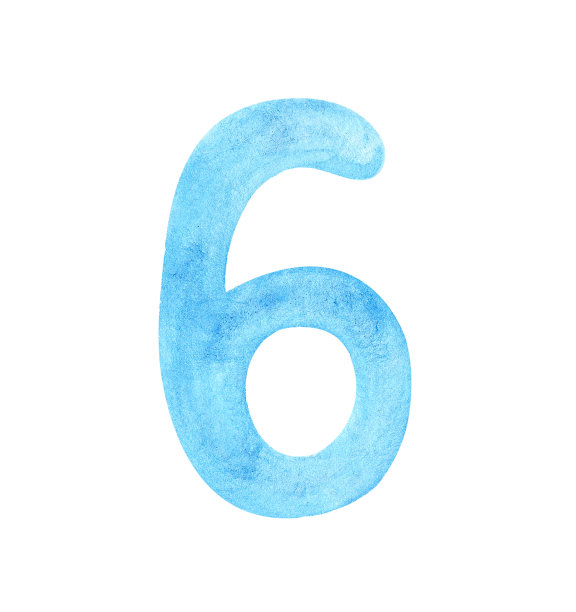 水彩蓝色数字6孤立在白色背景上。图片下载
