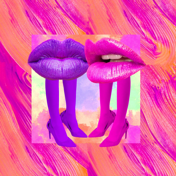 当代数字拼贴艺术。女士的腿在时尚优雅的鞋子和彩色丰满的嘴唇头。化妆，化妆的时尚概念图片下载