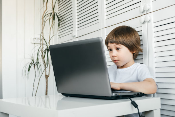 一个5岁的男孩坐在桌子旁，用笔记本电脑，看着屏幕。孩子在做作业，玩电子游戏，学习IT开发，看动画片。家庭远程在线教育理念图片下载