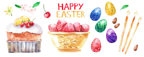 手绘水彩复活节彩蛋，色彩鲜艳，点缀着装饰品、蛋糕、蜡烛图片下载