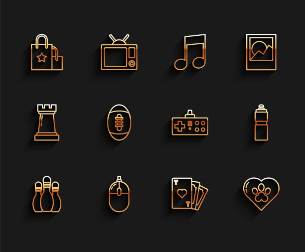 保龄球瓶，电脑鼠标，纸制购物袋，带心形标志的扑克牌，心形动物脚印，美式足球，健身摇壶和手柄图标。向量图片下载