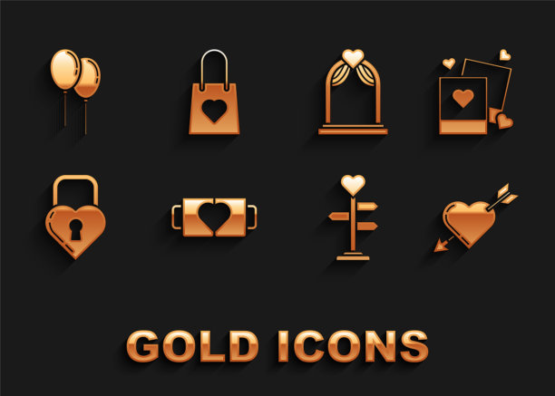 设置两个咖啡杯和心，空白相框心，爱的象征与箭头，路标，城堡形状，婚礼拱门，气球丝带和购物袋图标。向量图片下载