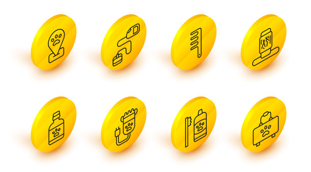 设置线宠物急救箱，牙齿卫生的宠物，理发器，狗药瓶，猫抓挠柱，刷狗和猫，可伸缩的绳带和位置美容图标。向量图片下载