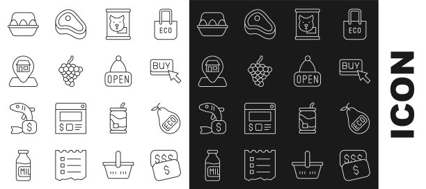 设置线新的价格标签美元，健康的有机梨，购买按钮，罐头食品，葡萄水果，位置市场商店，鸡蛋在盒子和悬挂标志与开放图标。向量图片下载