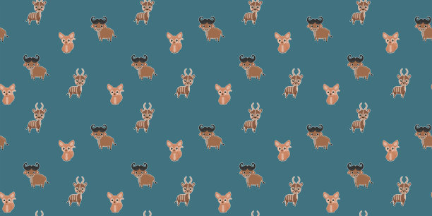 无缝的儿童图案的卡通非洲水牛，非洲耳廓狐狸，和邦戈羚羊与红色的脸颊在蓝色的背景。向量。图片下载