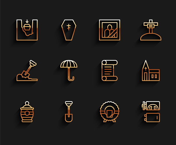 设置线葬瓮，铲子，棺材在坟墓，纪念花圈，火葬场，雨伞，教堂建筑和法令，羊皮纸，卷轴图标。向量图片下载