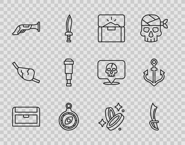 设置线古董宝箱，海盗剑，指南针，古董手枪，望远镜镜头，硬币和锚图标。向量图片下载