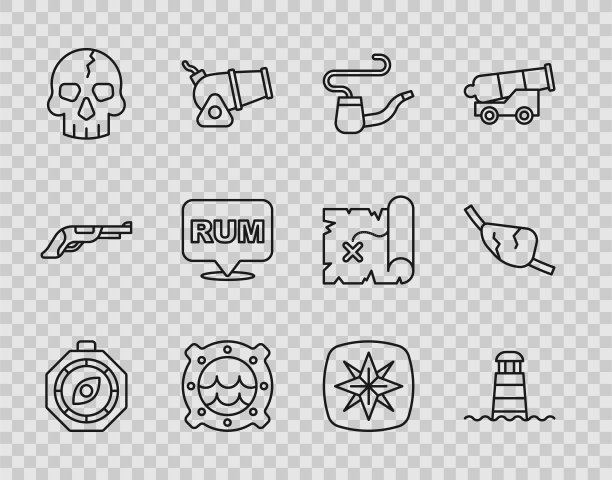 设置航线罗盘，灯塔，烟斗，船舷窗海景，骷髅，酒精饮料朗姆酒，风玫瑰和海盗眼罩图标。向量图片下载