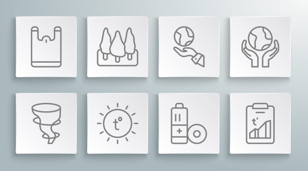 设置线路龙卷风，森林，太阳，电池，全球变暖，手握地球地球，和塑料袋图标。向量图片下载