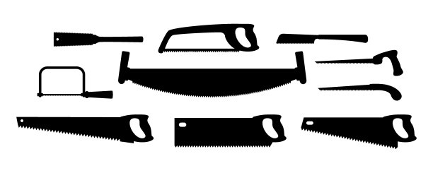 矢量插图钢锯黑色和白色剪影孤立在白色背景上。不同类型的木匠或修理工手锯矢量图标集。用于切割金属和树木的施工工具。图片下载