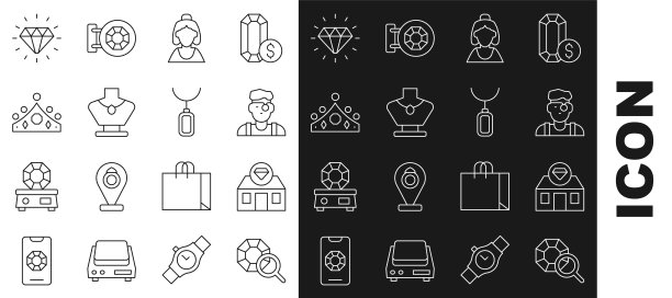 集宝石，珠宝店，珠宝商，珠宝顾问，项链模特，皇冠，钻石和吊坠项链图标。向量图片下载