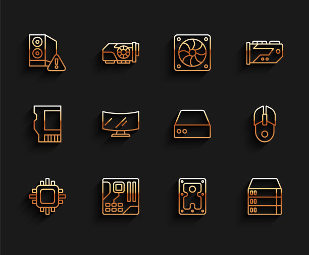 设置线处理器与CPU，主板数字芯片，电脑机箱，硬盘驱动器HDD，服务器，数据，网络主机，电脑显示器屏幕，鼠标和图标。向量图片下载