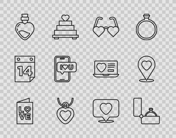 集线情人节派对传单，钻石订婚戒指，心形的爱情眼镜，项链与心，瓶子药水，移动，喜欢和位置图标。向量图片下载