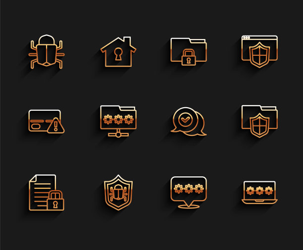 设置行文件和锁，系统bug，密码保护，带密码的笔记本电脑，文件夹，文件夹和检查标记在语音气泡图标。向量图片下载