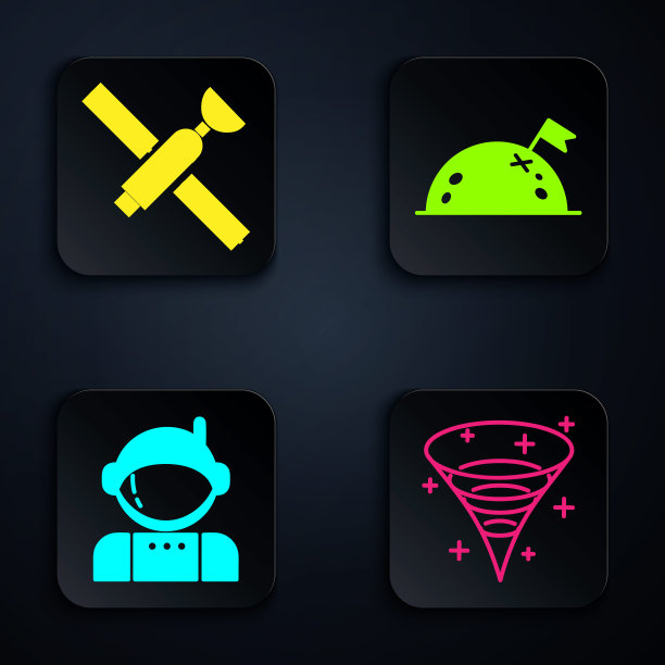 设置黑洞，卫星，宇航员和行星与旗帜。黑色方形按钮。向量图片下载