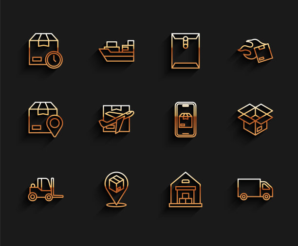 设置线叉车，位置与纸箱，纸板时钟，仓库，送货货物，飞机和，开箱和移动应用程序送货跟踪图标。向量图片下载