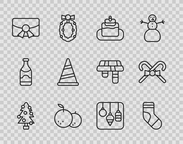 设置线圣诞树，袜子，蛋糕，橘子，明信片，派对帽子，灯和糖果拐杖图标。向量图片下载
