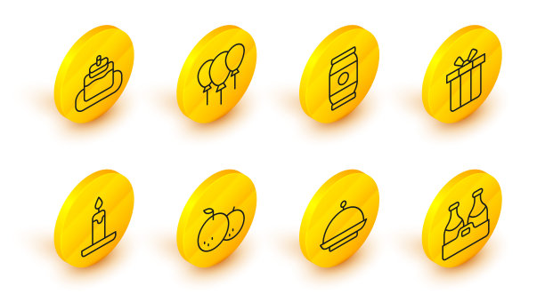 设置线香槟瓶，圣诞节覆盖托盘，橘子，燃烧的蜡烛，礼品盒，啤酒，气球丝带和蛋糕图标。向量图片下载