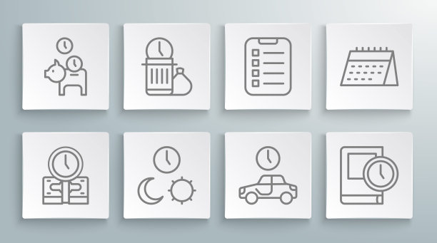 时间就是金钱，浪费时间，白天和黑夜，旅游，为书，做清单计划，日历和储蓄罐硬币的图标。向量图片下载