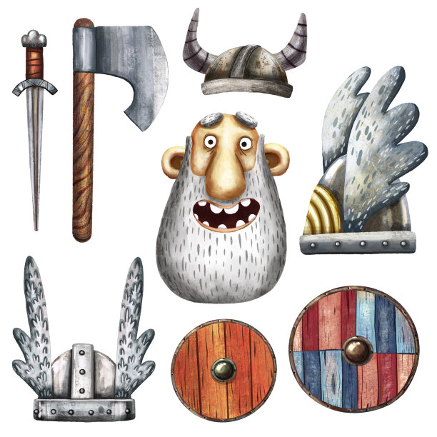维京人的手臂。可爱的卡通风格的艺术。海盗头盔，盾斧，胸膛。童话道具设置。海盗党装饰。古老的斯堪的纳维亚传统项目。插图的卡片。图片下载
